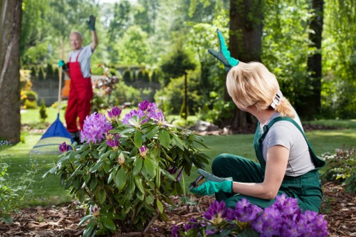 Gardener clearing a small front garden in Downham